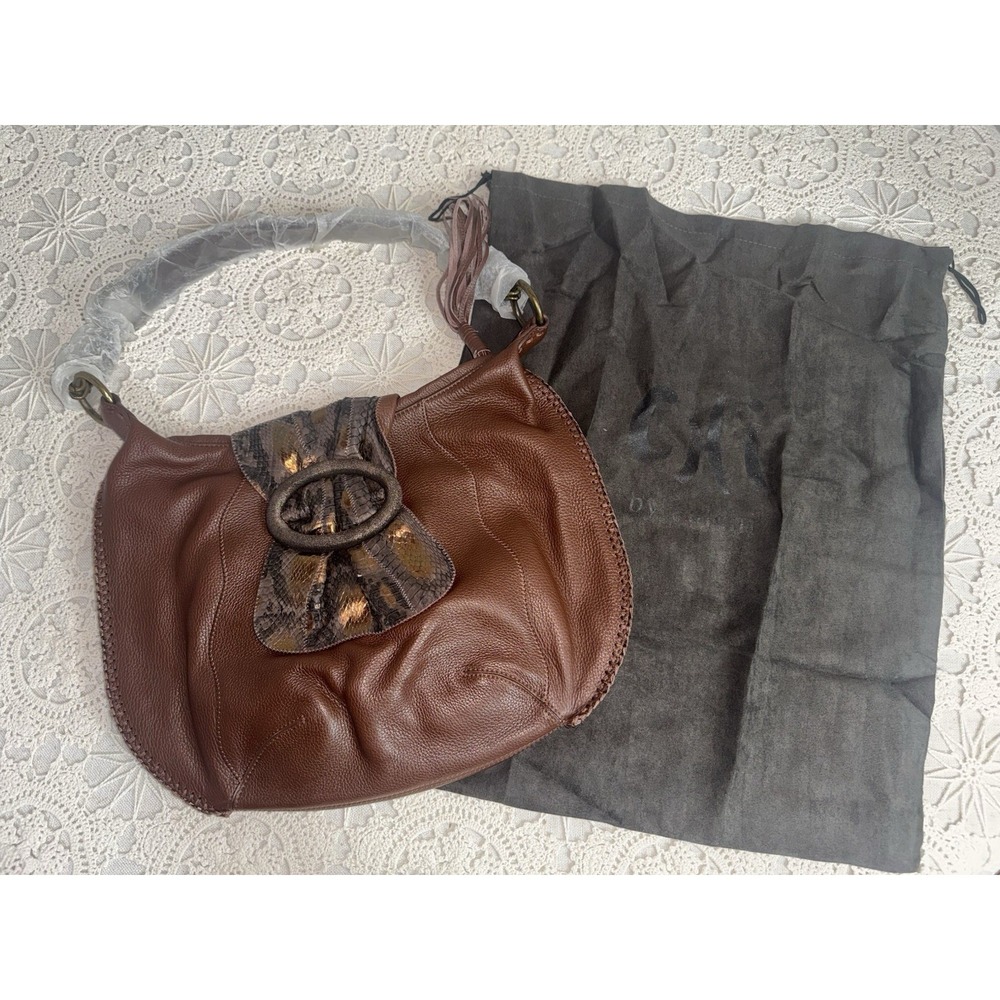 NEW Chi by Falchi Brown Leather Pebbled Shoulder Handbag Vintage Snake Skin